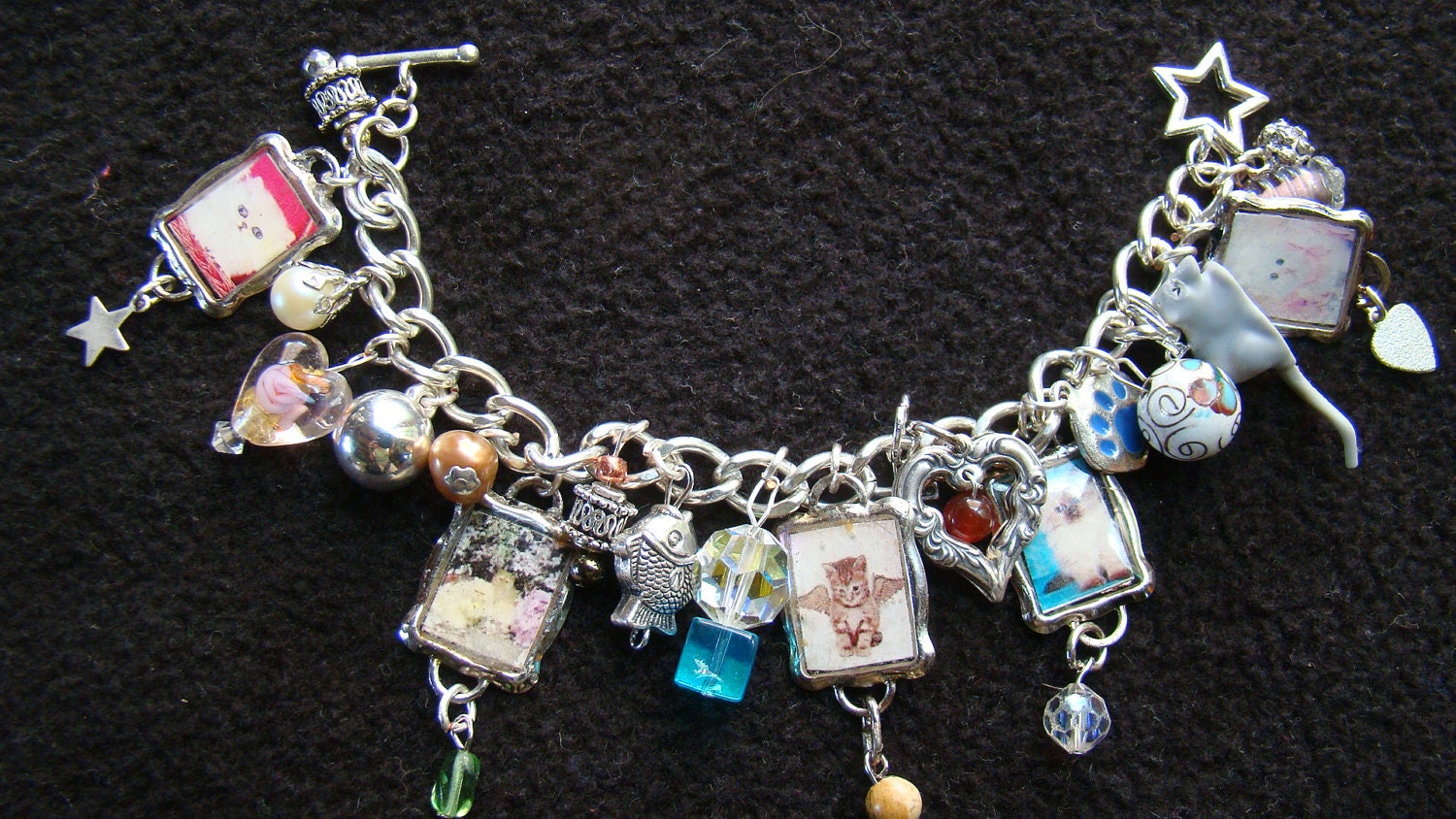 LOVE CATS - OOAK Charity charm bracelet - 7 inch - silver, pink, turquoise, magenta - long-haired cats