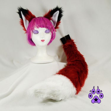 Dark Red FOX Ears BIG 30in Tail  Headband  Costume kitsune wolf anime cosplay furry rave cyber goth faux fur 4001 White tip