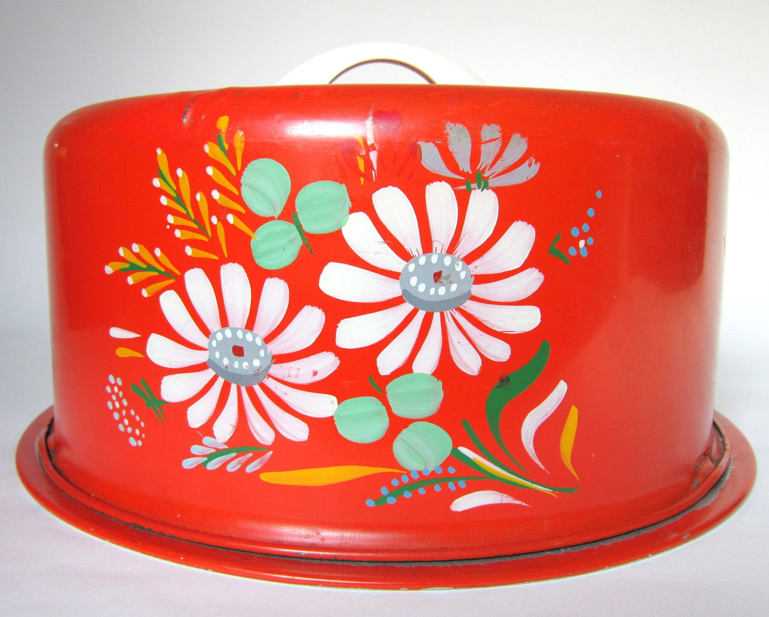 Vintage 1950s Ransburg "Kitchen Bouquet" Cake Carrier, Orange Red with Flowers, Tin Cake Saver Caddy - CedarRunVintage