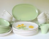 NOS Boontonware "Somerset" Melamine Dinnerware, 44-Piece Complete Service for 8 with Serving Dishes, Melmac Spring Mint Green Yellow