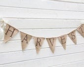 HARVEST burlap banner -glittered brown lettering with shimmery leaves -fall banner- halloween