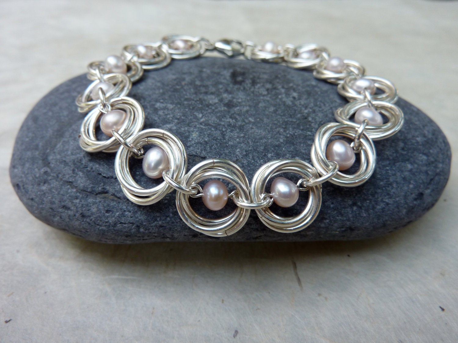 Pale Pink Pearl and Silver Chainmaille Bracelet -- Handmade Jewelry -- Everyday, Special Occasion, Wedding
