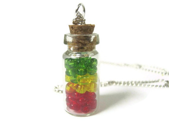 RESERVED  For CHRISTY CRAMER October Facebook Fan Page Giveaway Rasta Red Gold and Green Mini Jar Vial Necklace