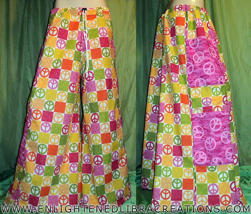 Peace Sign Raver Pants -  Phatties Phatts Phat Rave Pants - Wideleg Pipes Flares - Ready To Ship Now - Premade - EDC