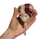 Heart brooch, Bride, Brides Maid, Attendant Gift, 100% Hand Made. Silk, pearl and bohemian glass accents. Wedding and Bridal Jewelry.