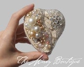 Heart Luxe brooch, Bride, Brides Maid, Attendant Gift, 100% Hand Made. Silk, pearl and bohemian glass accents. Wedding and Bridal Jewelry.