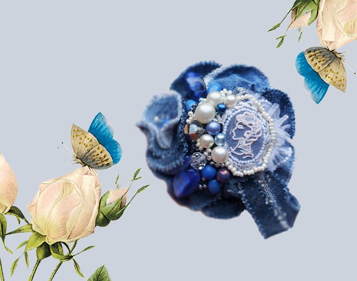 Shabby Chic Cameo Brooch, Flower to wear, Flower in hair, indigo and blue denim, lace, pearl, bohemian glass, one of a kind, OOAK