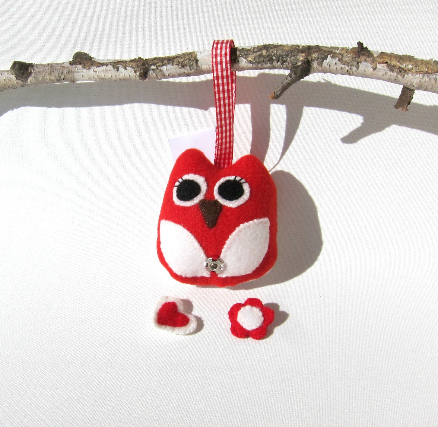 Handmade Owl Decoration or keychain with heart and flower Two in one owl in red and white