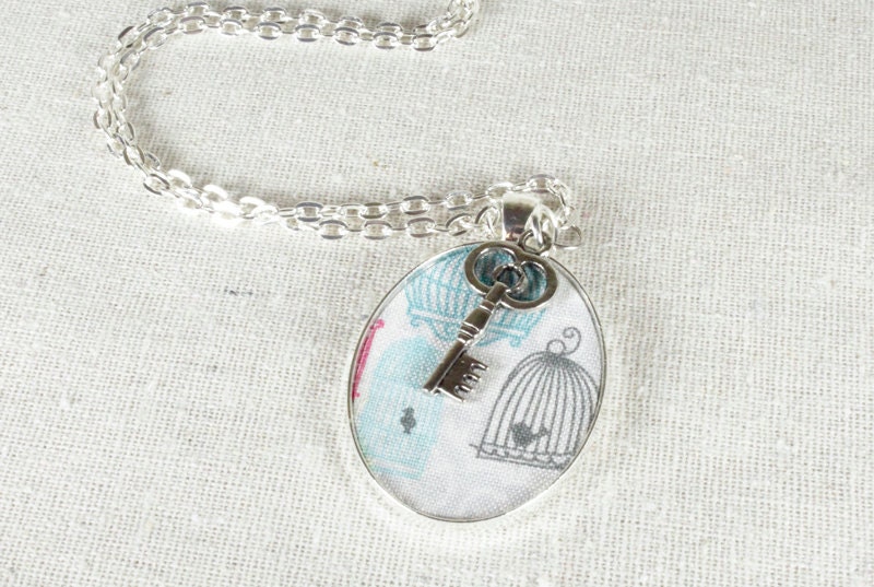 Birdcage Fabric Pendant Necklace with Skeleton Key Charm
