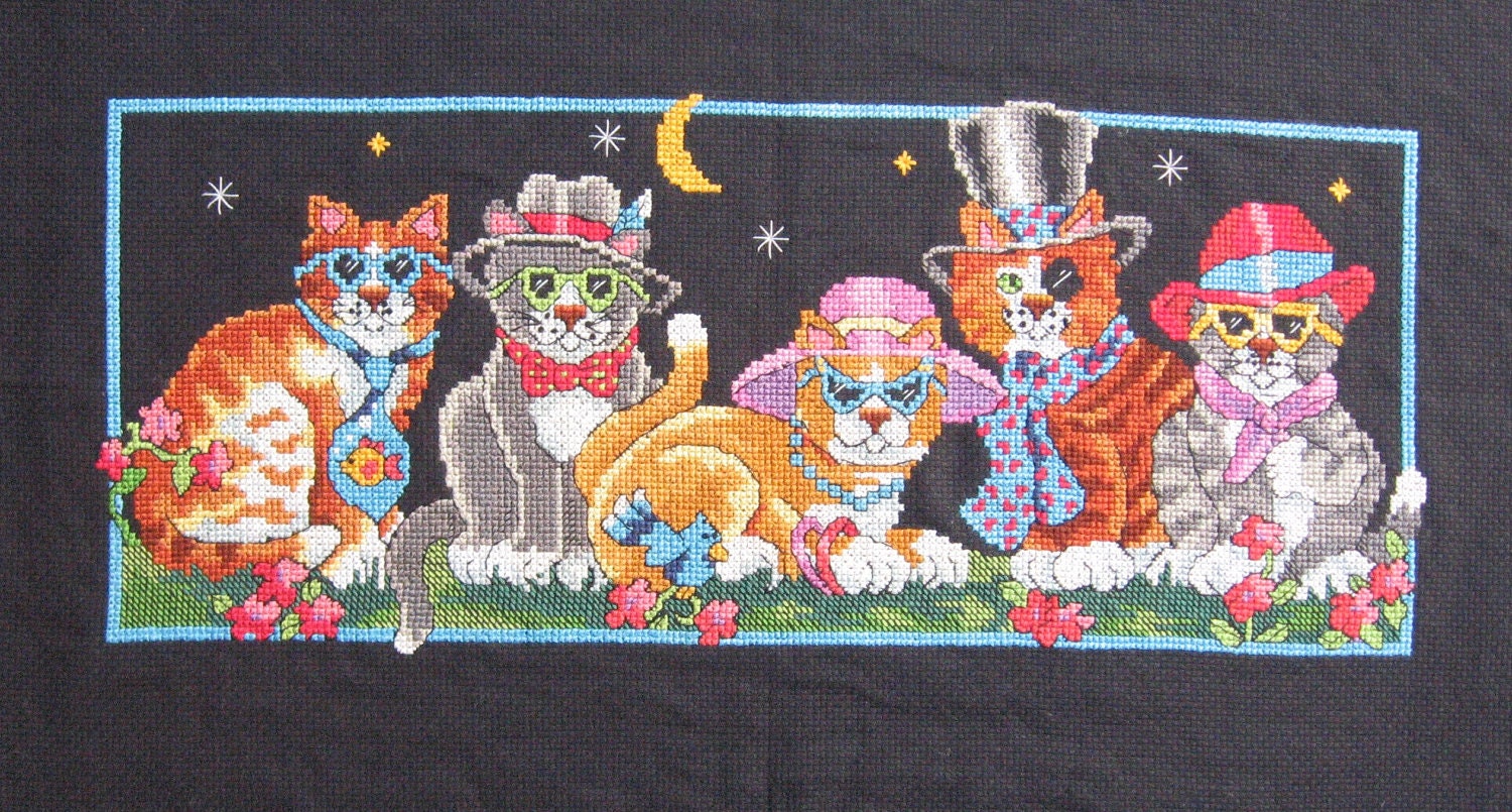 Cat Cross-stitch "Cool Cats" on Black Aida