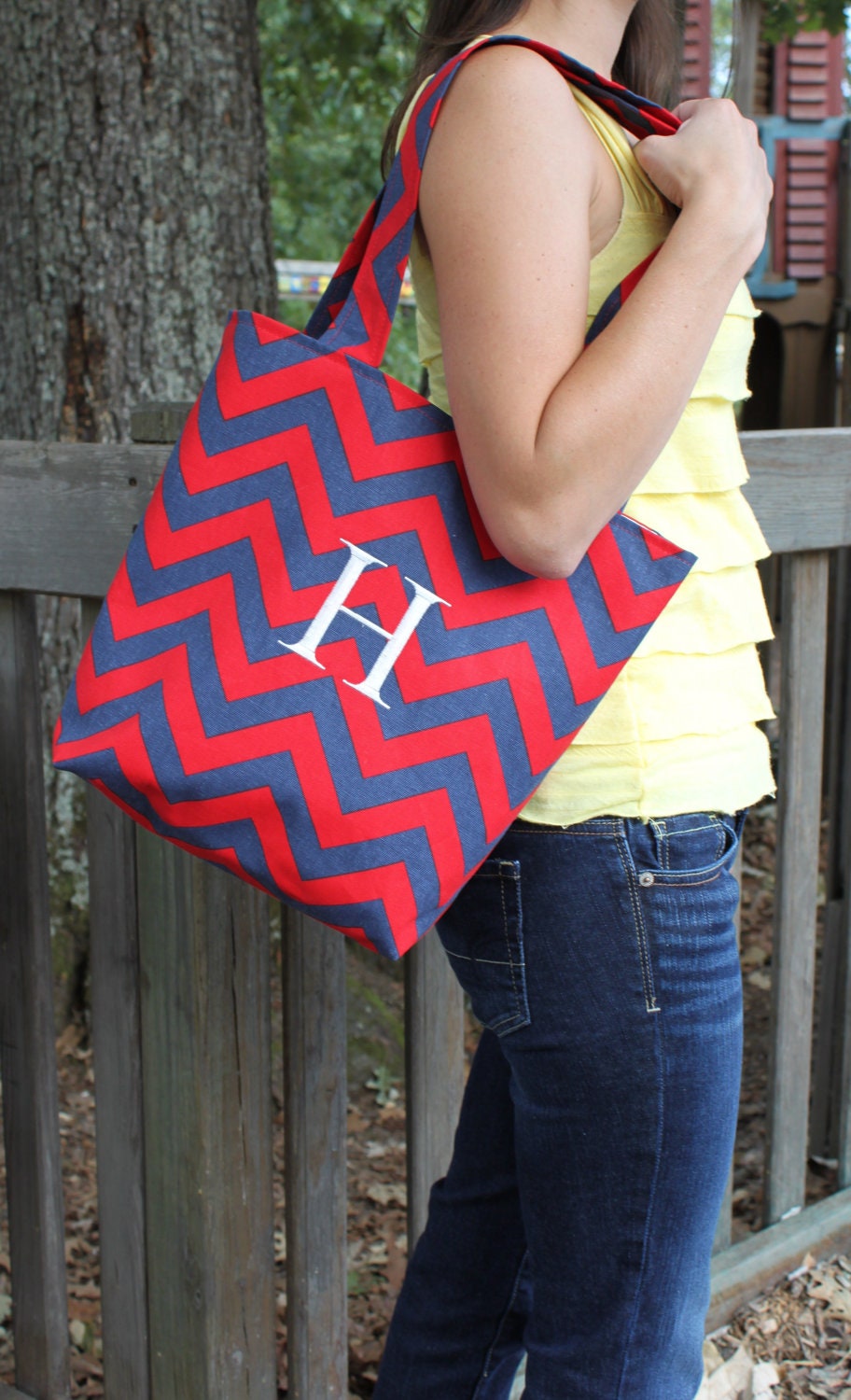 Medium OLE MISS red and blue CHEVRON stripe zigzag Handbag/ Diaper Bag/ Purse/ Tote/ Beach Bag