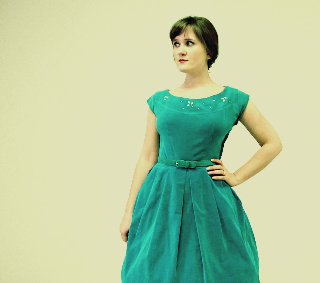 1950s 50s Teal Velour Prom Dress / Rhinestone Encrusted Yolk / Blue Green / Full Skirt / Size X Small