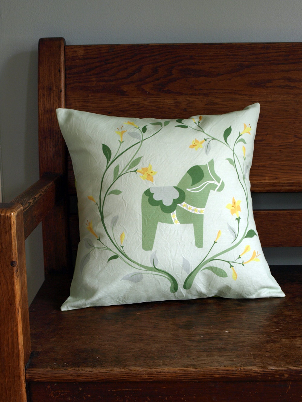 Swedish Dala Horse and Floral Wreath Pillow Cover in Moss Greens 16x16