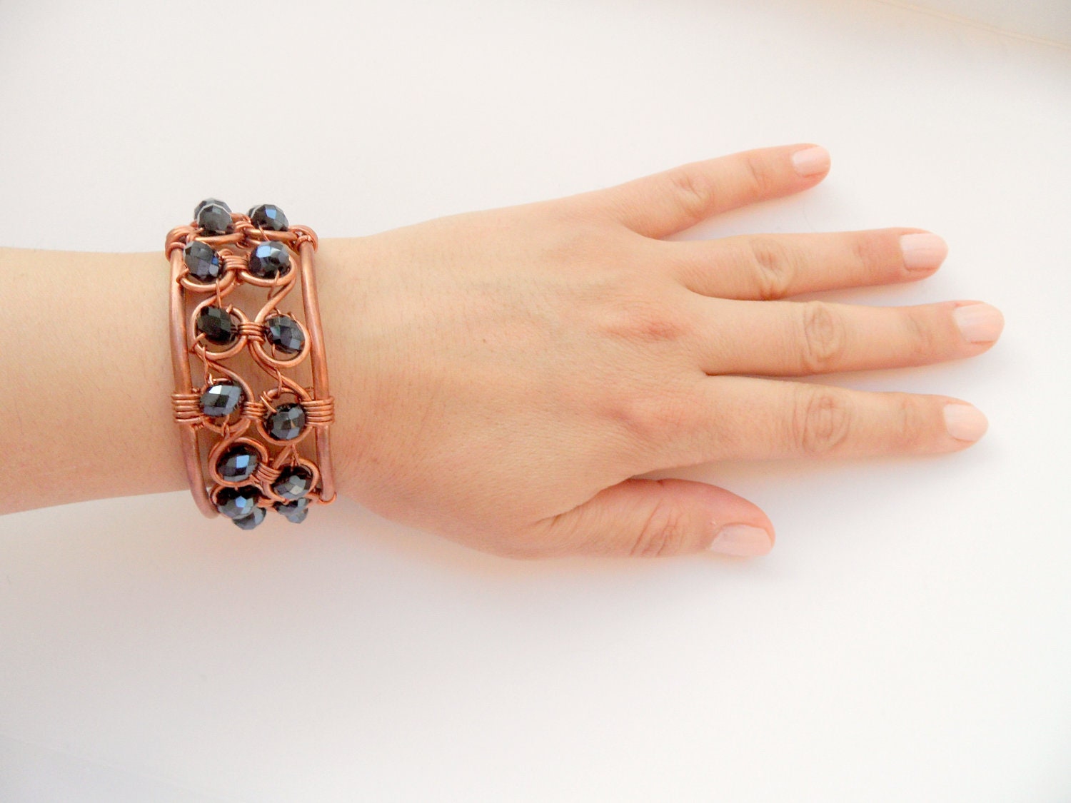 black czech crystal, bracelet copper wire wrapping. OOAK..Unigue.Spring.