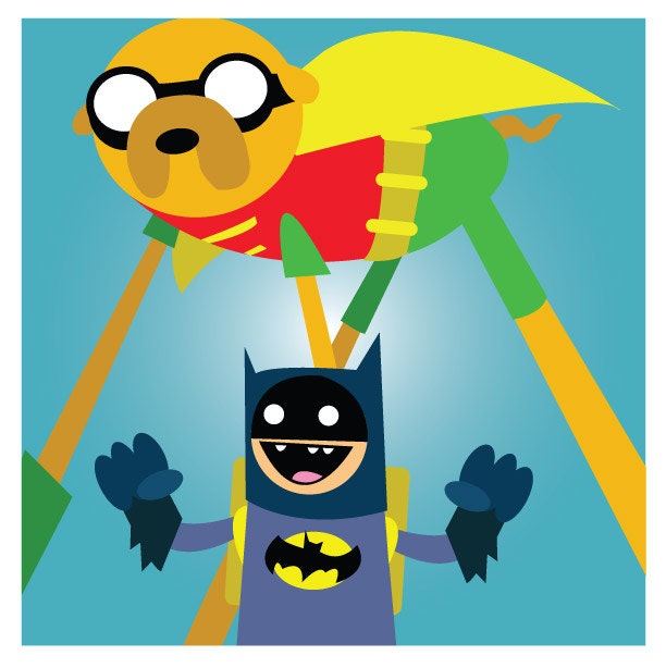 Adventure Time in Gotham City  Hero Squares - Original Artwork - Four 8.5" x 8.5" prints Finn & Jake Batman  LSP BMO Joker Harley Quinn