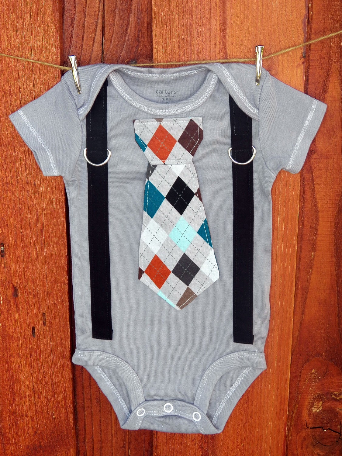 Grey Argyle Baby Boy Tie Onesie and Suspender Bodysuit. Fall, Winter, Childrens Holiday Fashion.