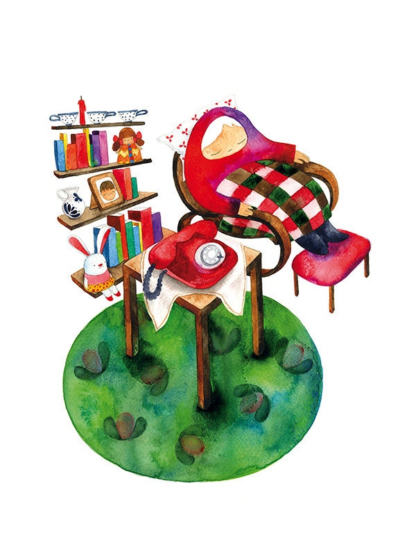 Grandma Watercolor Illustration Children Print Nursery Art Rocking Chair Room Still Life telephone
