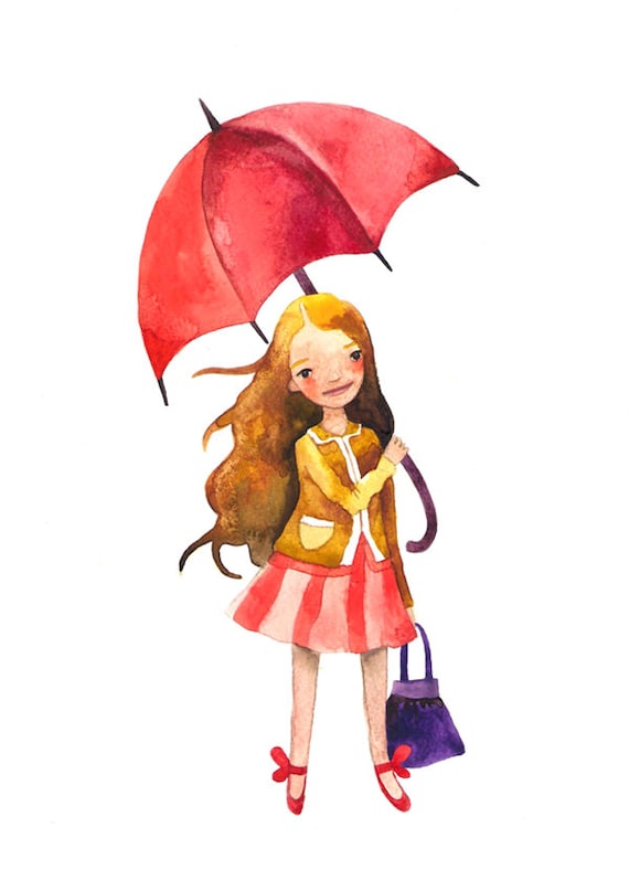 Rainy Day Children Watercolor Print Illustration Girl Umbrella Autumn