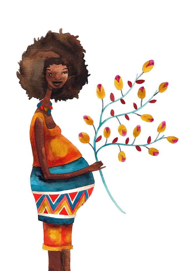 Pregnancy Maternity Baby Afro Mother Woman Print Illustration Watercolor