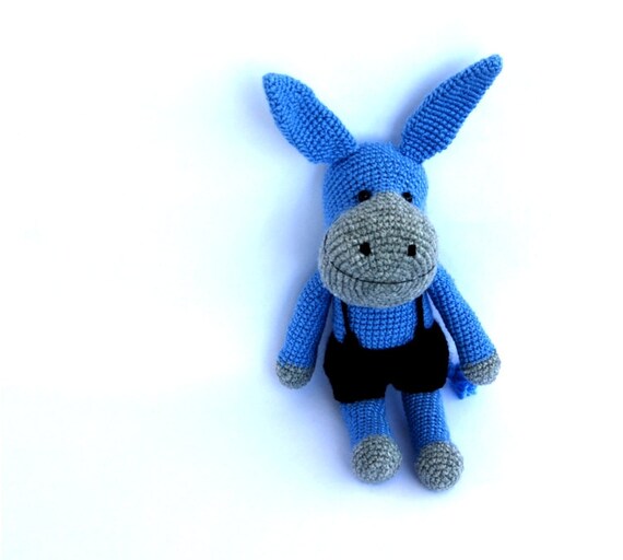 crocheted donkey or ass, amigurumi toy foal, jack, jennet, stuffed domesticated animal, azur royal blue, gift for children, soft animal doll