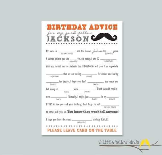 Birthday Advice Card - Mad Libs (Mustache)