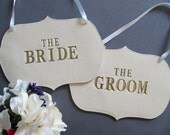 Large Gold The Bride & The Groom Wedding Sign Set to Hang on Chair and Use as Photo Prop