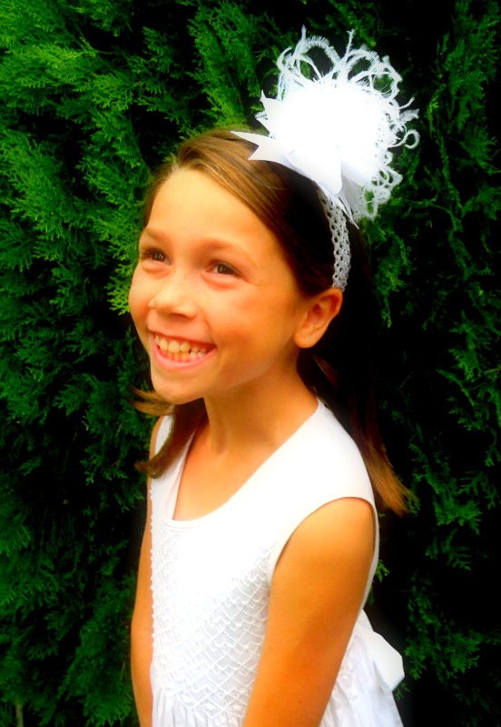 Over the top hair bow White over the top bow boutique hair bow curly ostrich puff bow