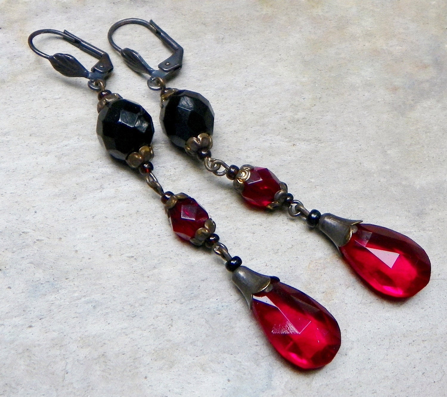 Boho Red SEXY Czech Glass Earrings, Artisan Upcycled