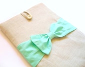 iPad case, iPad sleeve, iPad cover, Tablet sleeve Natural canvas, Bow Mint color