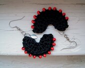Crochet Beaded Dangle Earrings - Black with Red Beads