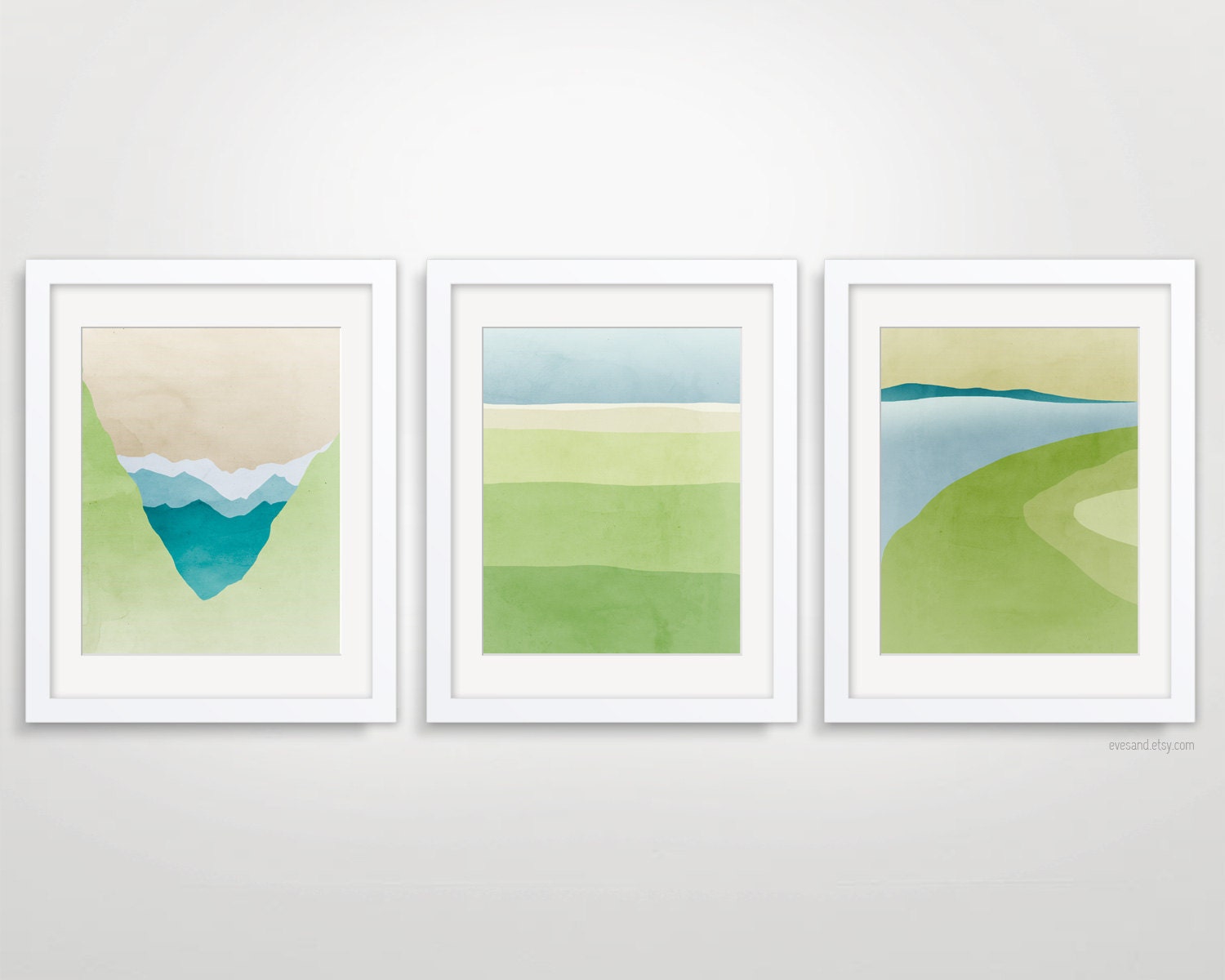 Set of 3 Abstract Art Landscapes, Minimal Posters, Modern Wall Decor, Fine Art Prints - Green and Beige - 15% Off
