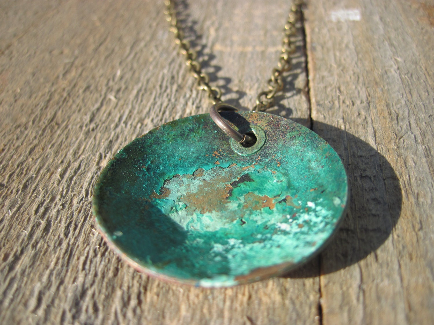 Green Bowl Necklace- Bohemian-  Green and brown patina on copper bowl necklace with brass chain