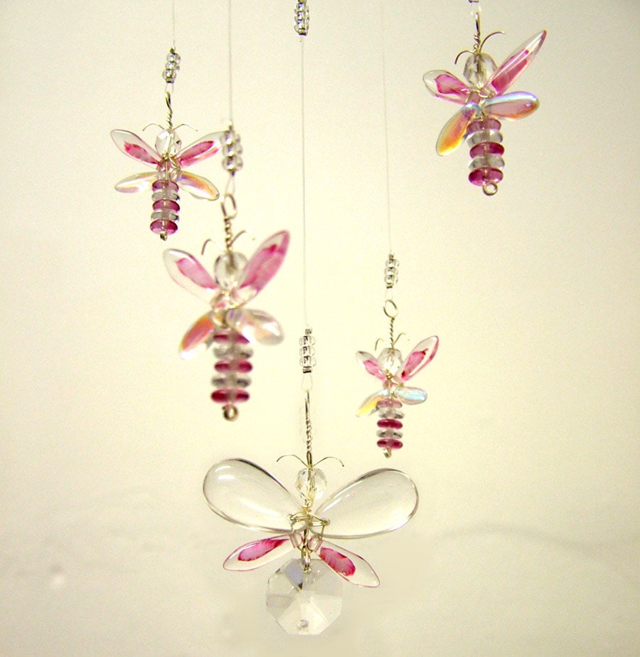 Butterfly Mobile, Glass Mobile, Childrens Mobile, Hanging Mobile, Glass Suncatcher, Butterfly Ornament, Angel Ornament, Pink Mobile Fairy