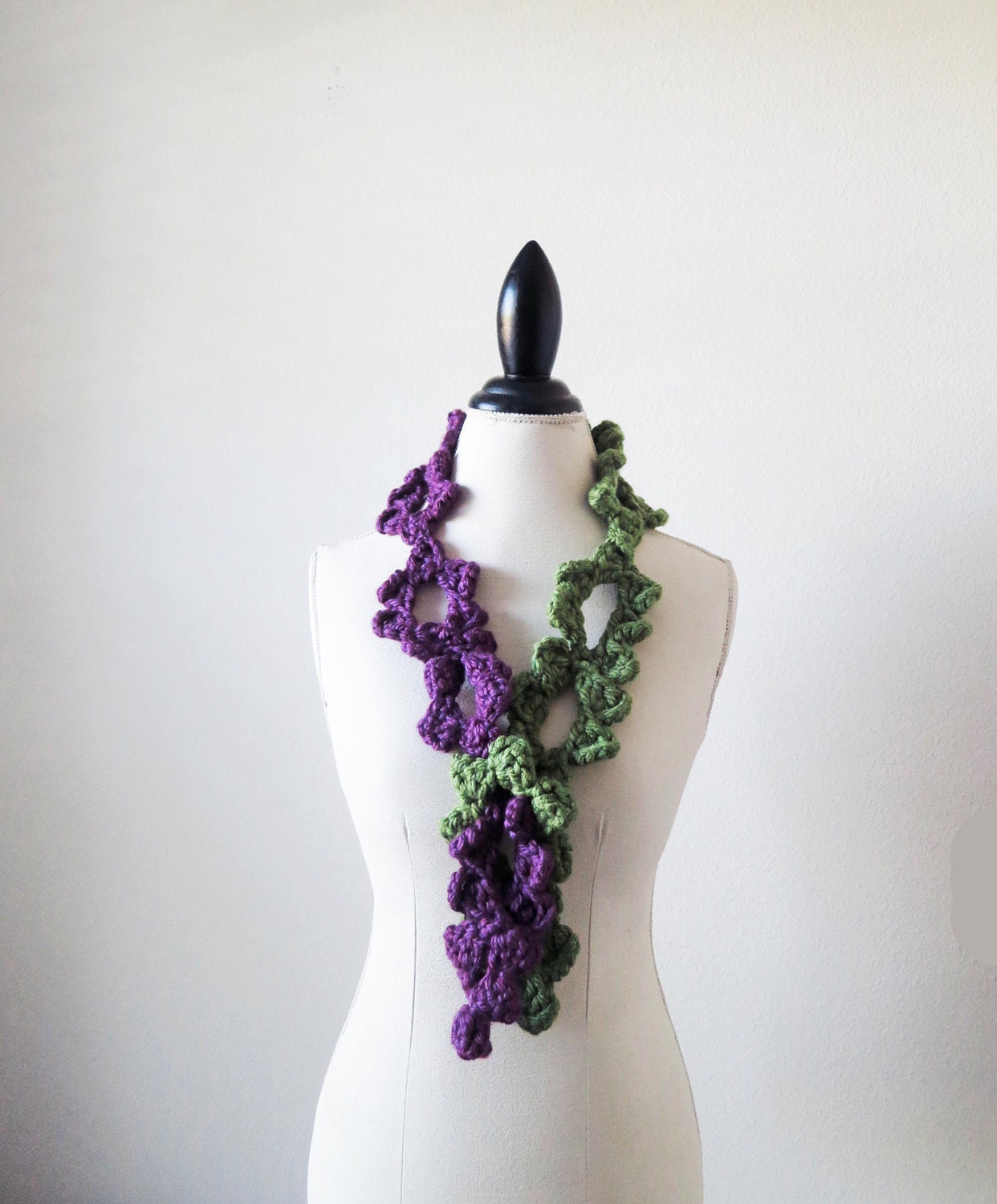 Crochet Floral Scarf, Green and Purple Scarf, Shamrock Green, Apple Green, Multi Color Scarf, Lariat