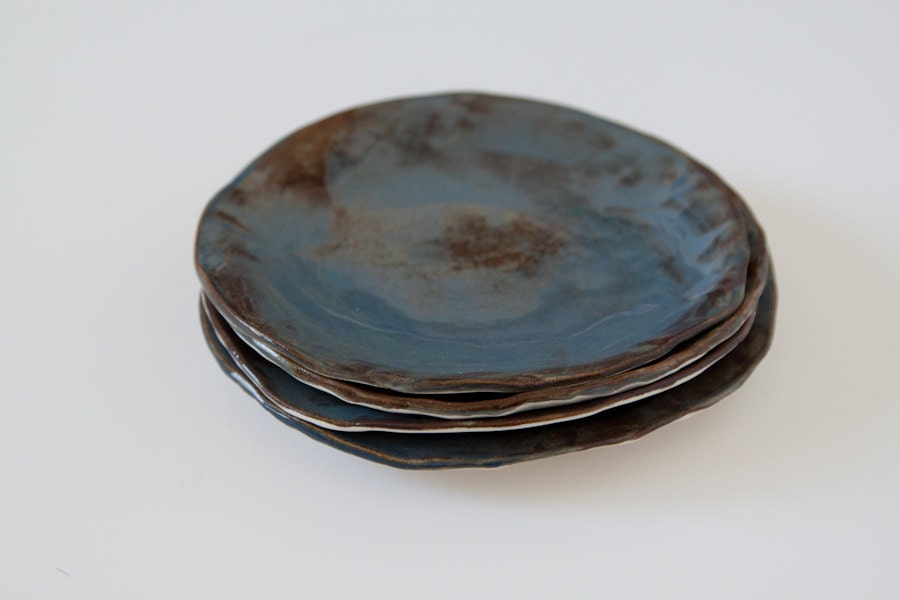 Set of 4 Small Denim Glazed Ceramic Plates