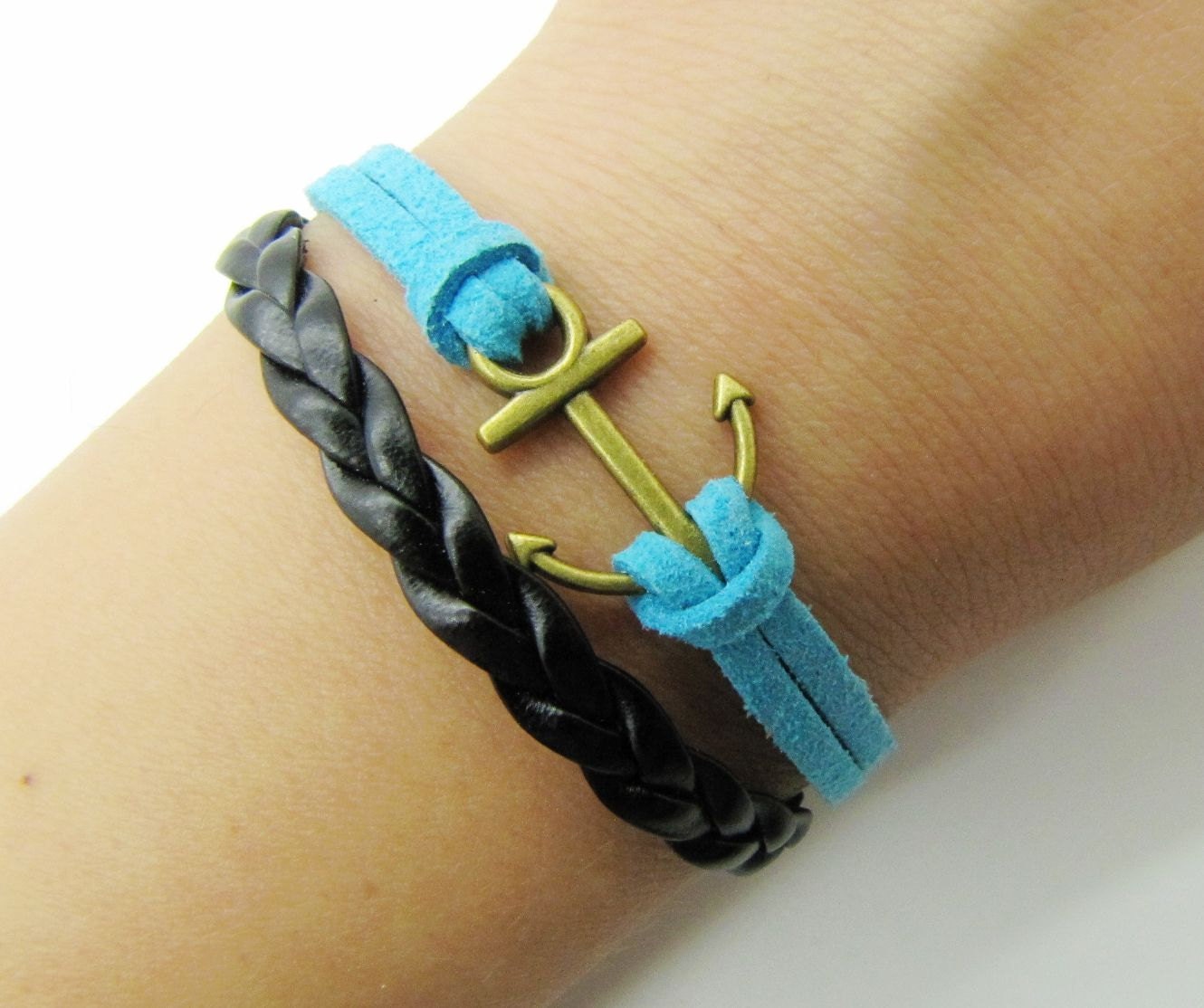 bronze anchor bracelet with blue ropes and leather women jewelry bangle unisex bracelet  1365A