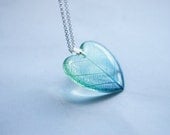 Ombre Leaf Necklace Green Blue Heart Resin Jewelry Real Leaf Veins Transparent Pendant Love Romantic 925 Silver Plated