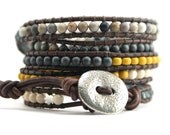 FIVE wrap leather bracelet - Sterling Silver - Grey & mustard - Bohemian chic - Present for her