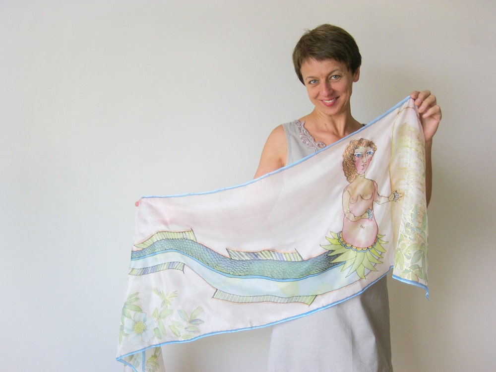 Long silk scarf hand painted Mermaid Spring fashion Pastel green flowers
