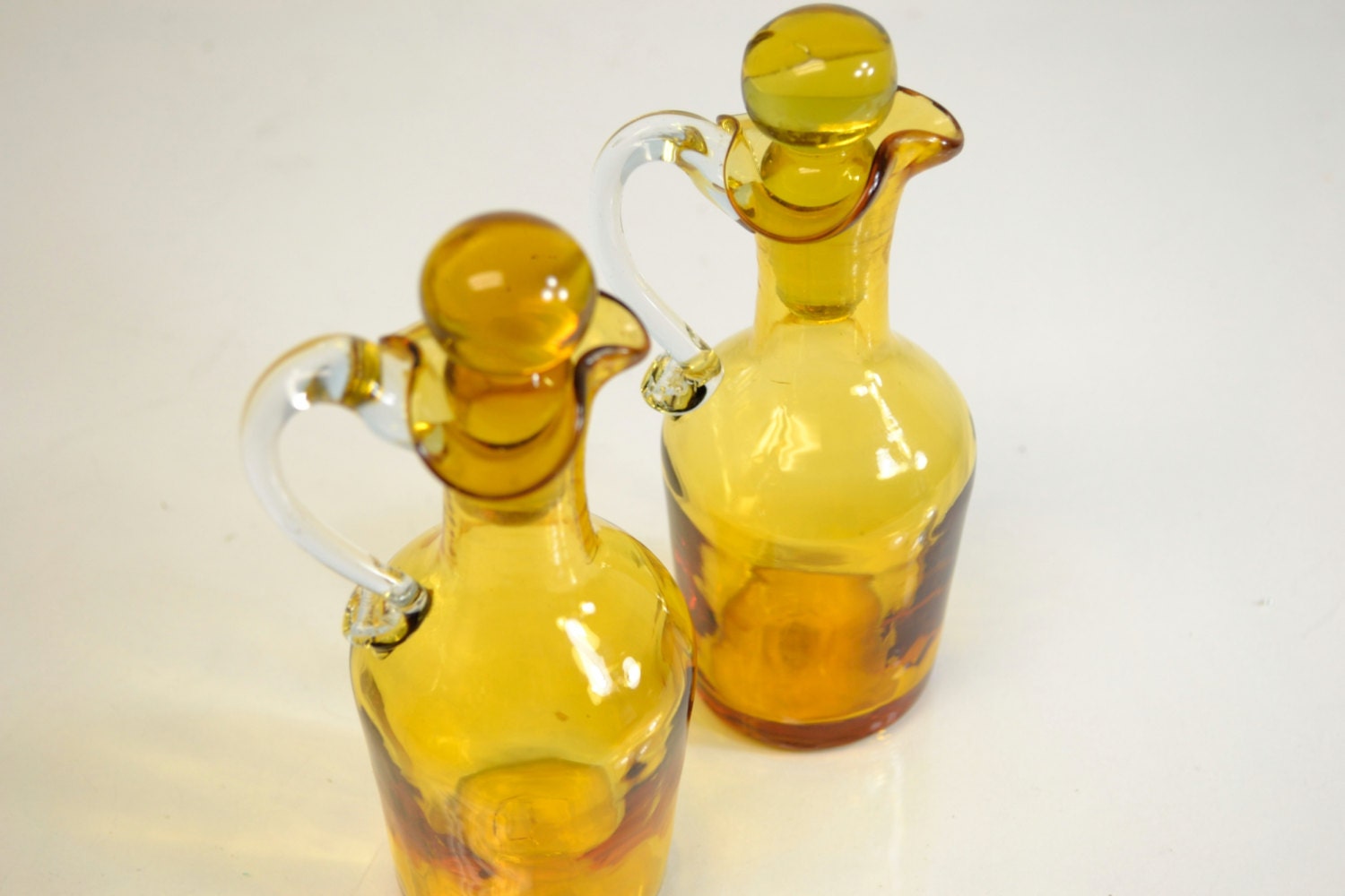 Vintage Hand Blown Amber Cruet  - Yellow Art Glass Cruet  with Matching Amber Hobnail Stopper