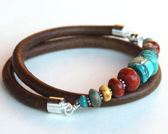 Turquoise Wrap Bracelet - turquoise, spiny oyster, coral and silver, sundance style