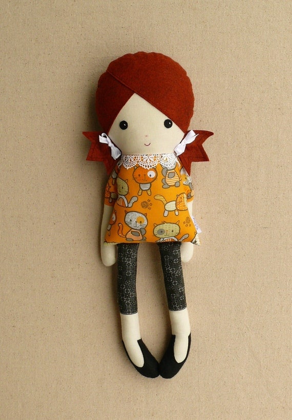Fabric Doll Rag Doll Girl with Cat Dress