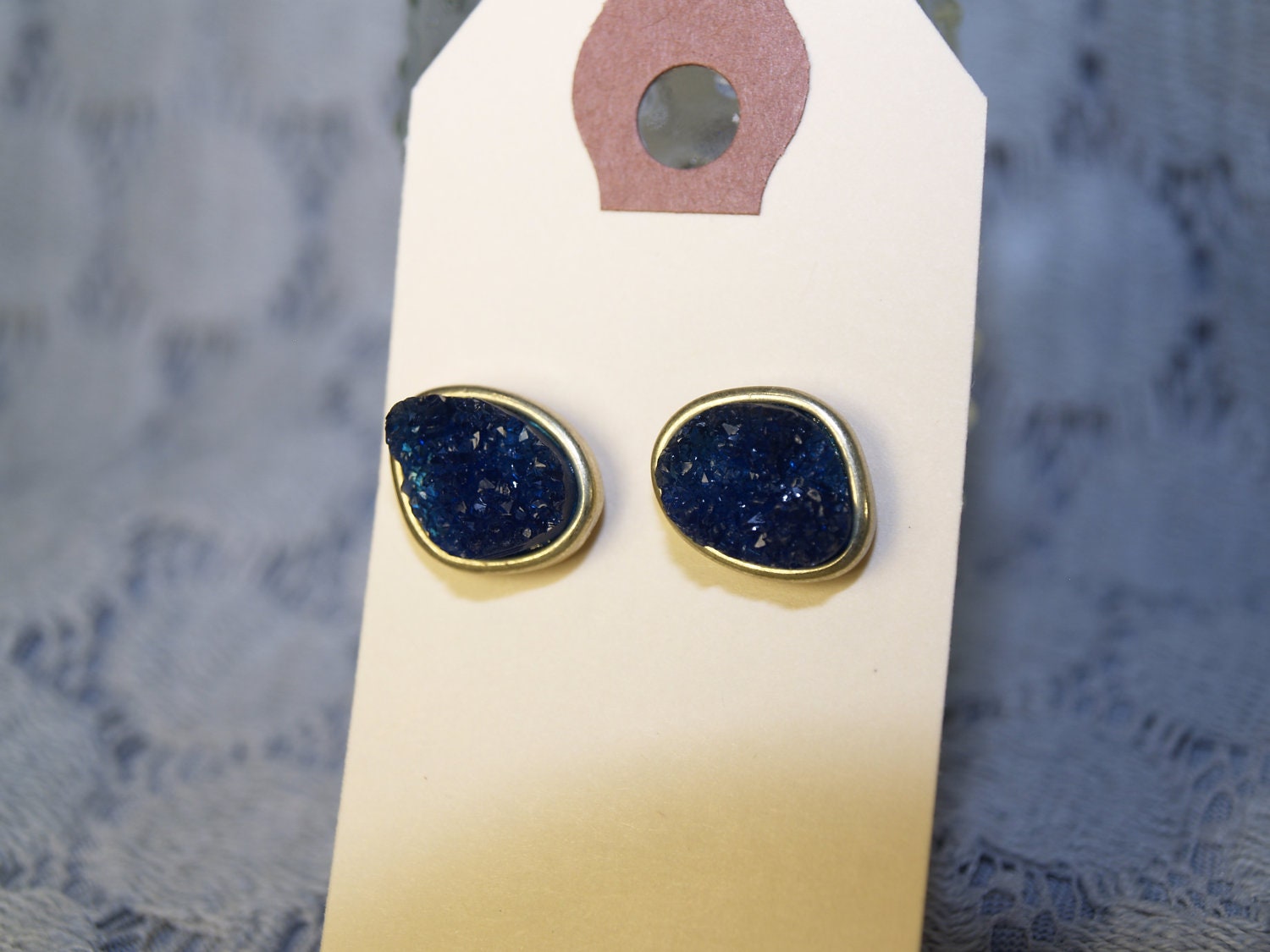 Navy Blue Druzy Stud Earrings
