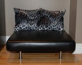 24"x24" Black Faux Leather Upholstered Pet Bed / Cat Bed / Small Dog Bed /// Pet Lounger with 2 Leopard Faux Fur Pillows