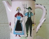 Vintage PINK and BLACK Hand Painted TEAPOT, Farmer Couple with Flowers