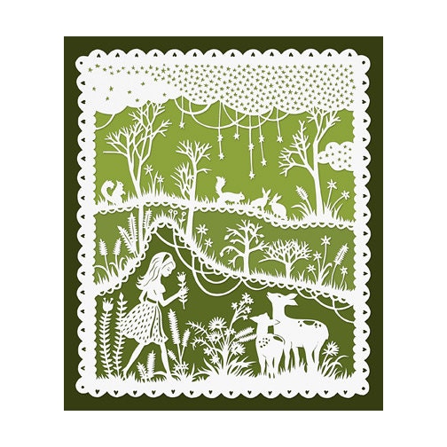 Girl and Deer in a Meadow - Original Papercut Illustration - Green and White - 8x10 Print