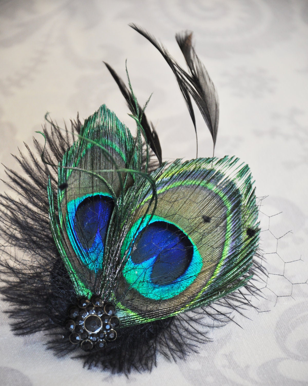 Peacock feather Fascinator, Peacock Feather Hair Clip, Black Feather Fascinator, Green feather Hair Clip, Many colors