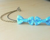Light Blue Polka Dot mini grosgrain bows ear stud with bronze black ear cuff chain earring 1inch