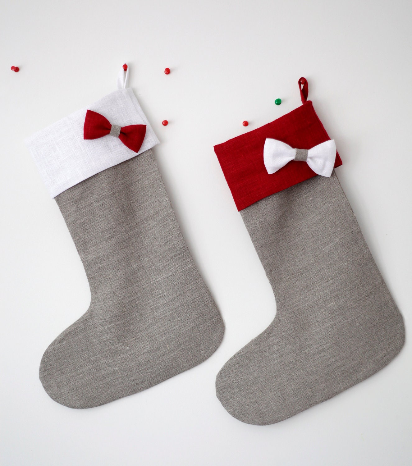 Christmas stocking - 2 linen stocking - gift idea for kids - grey with red and white top - pillowlink