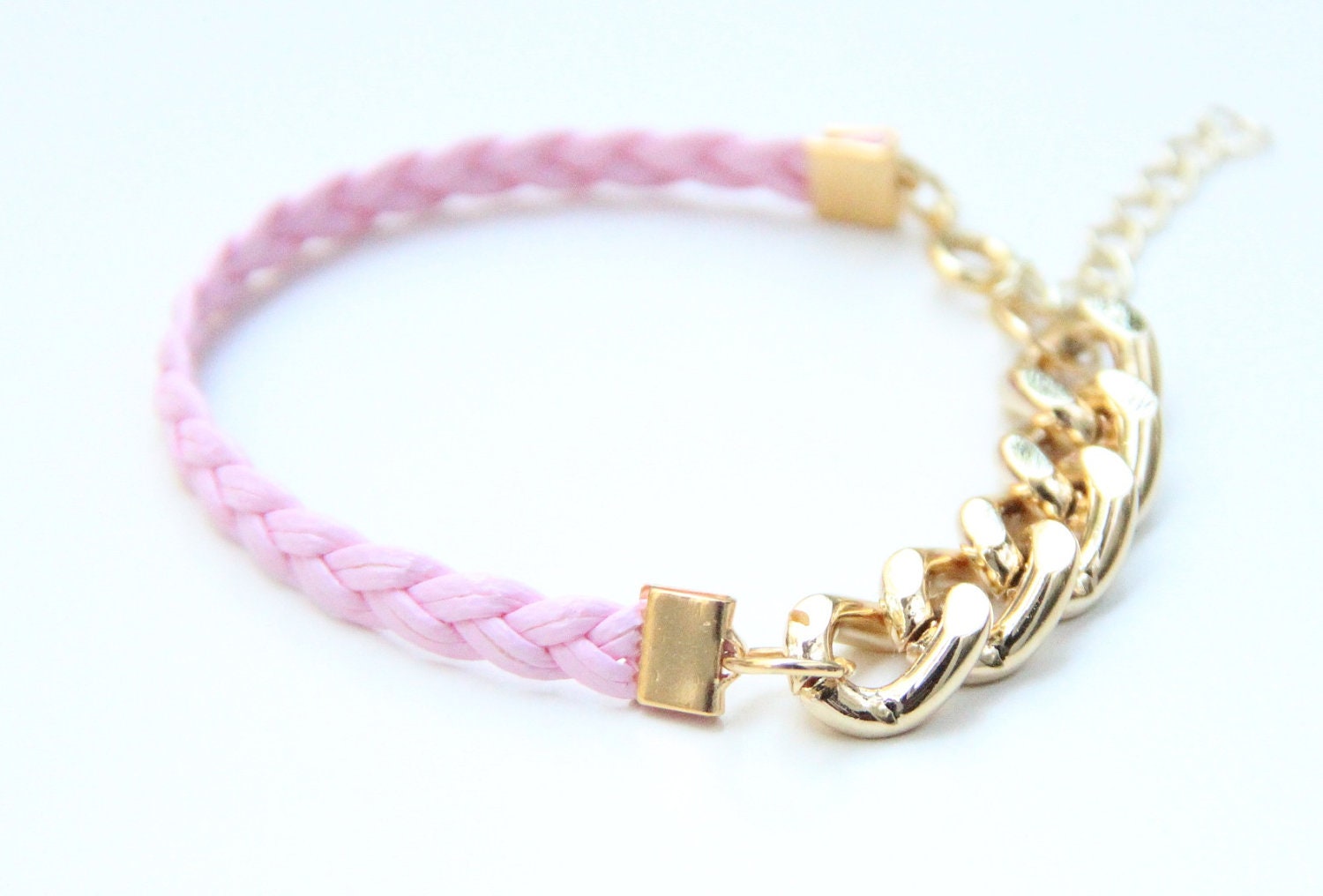 ON SALE: Arm Candy - Gold chunky chain with Pink Leather braid Bracelet - 24k gold plated